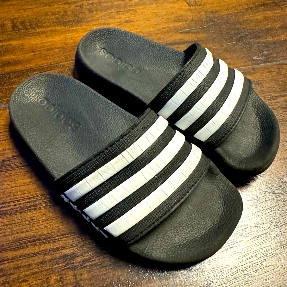 Adidas Adilette Slides Toddler 12k Black/White Slip On Sandals With Box